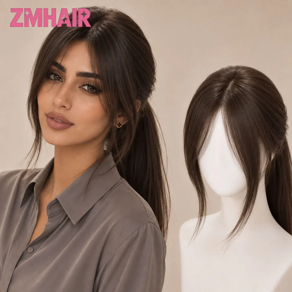 Tope de seda de 6x6 pulgadas con flequillo de aire, cabello humano europeo virgen para mujer, parte de seda con frente de PU sin pegamento, suave y transpirable 2