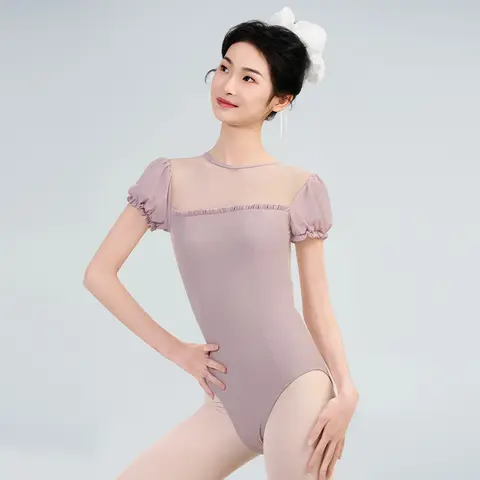 Kadın Backless Dantel-up Dans Mayoları Örgü Patchwork Bale Mayoları Kızlar için Puf Kısa Kollu Sıkı Bodysuit Yetişkin mayo