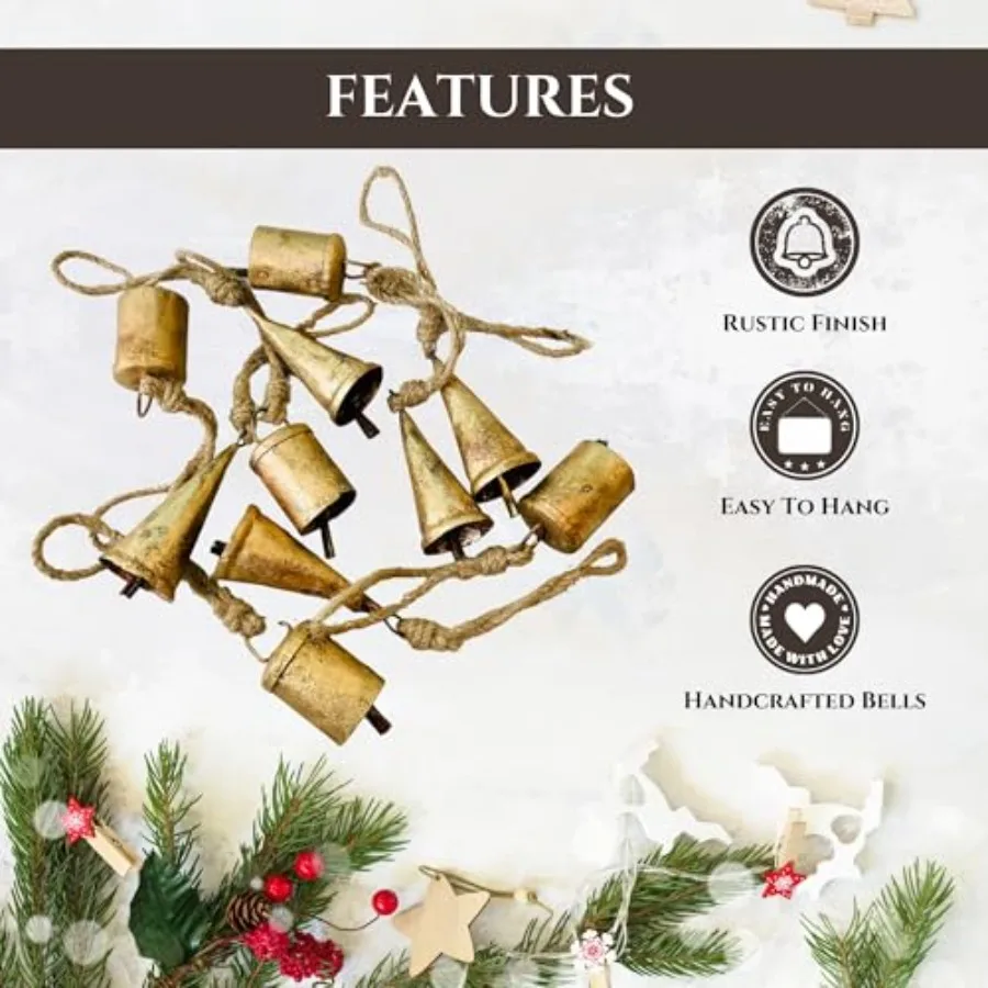 مجموعة Mie Creations مكونة من 10 أجراس عيد الميلاد الريفية العتيقة وأجراس القصدير على حبل الجوت لديكور العطلة مثالية لعيد الميلاد اليدوي