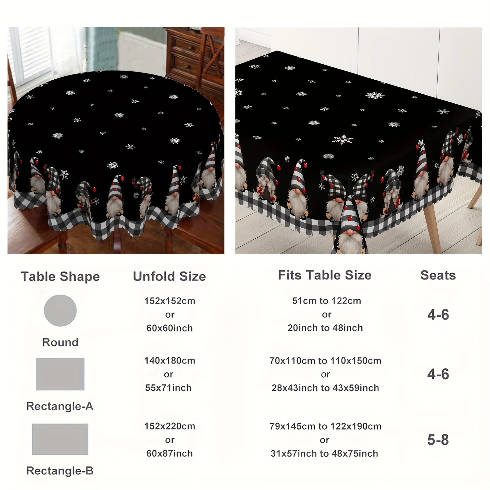 Christmas dwarf black-and-white checkered snowflake theme tablecloth - dwarf Santa Claus