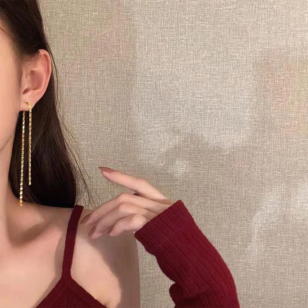 Long Tassel Chain Drop Earrings for Women 14K Gold Plated 2‑Way Wear Slim Face Dainty Long Threader Earrings Daily Party Jewelry