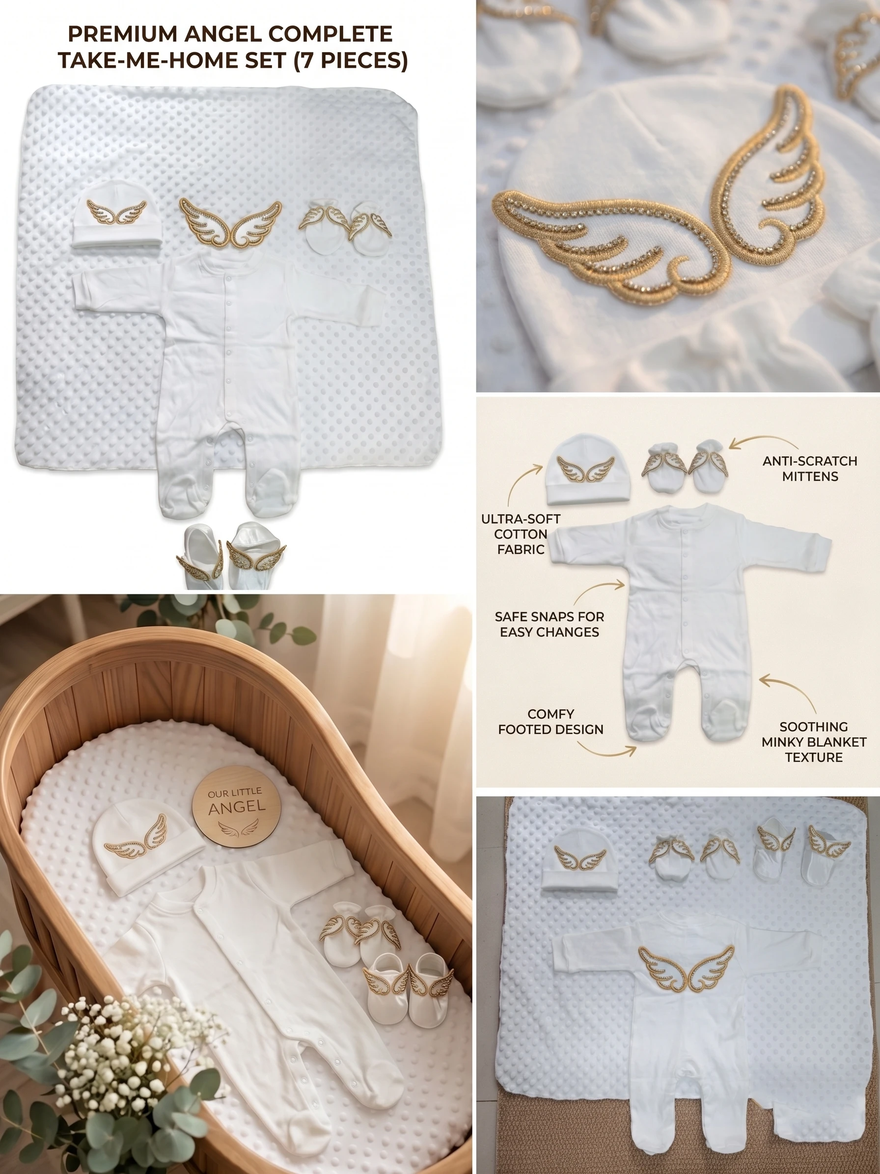 

Enchanting Ins Style Angel Wings Embroidered Baby Set White Romper Hat Mittens Booties Soft Breathable Pure Comfort