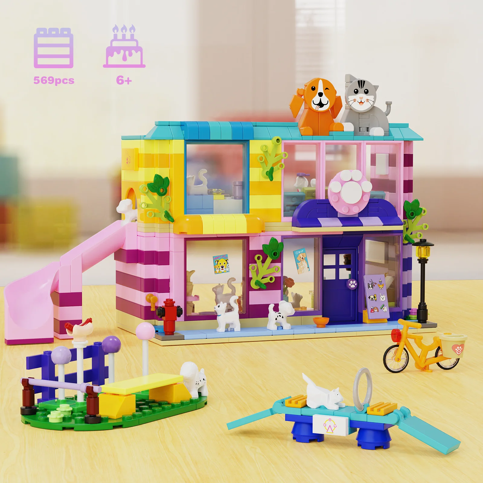 Pet Day Care House Building Blocks Playing Animals Paradise Room Model Bricks Kits Birthday Gifts for Kids