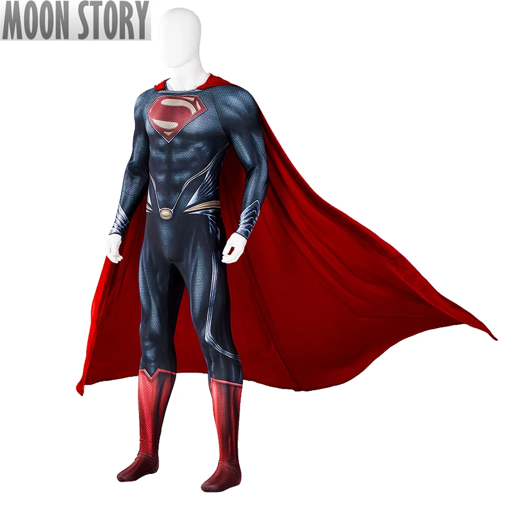 Adult Men Superhero Clark Captain Jumpsuit Red Cloak Halloween Cosplay Steel Costume Kent Bodysuit Printing Zentai