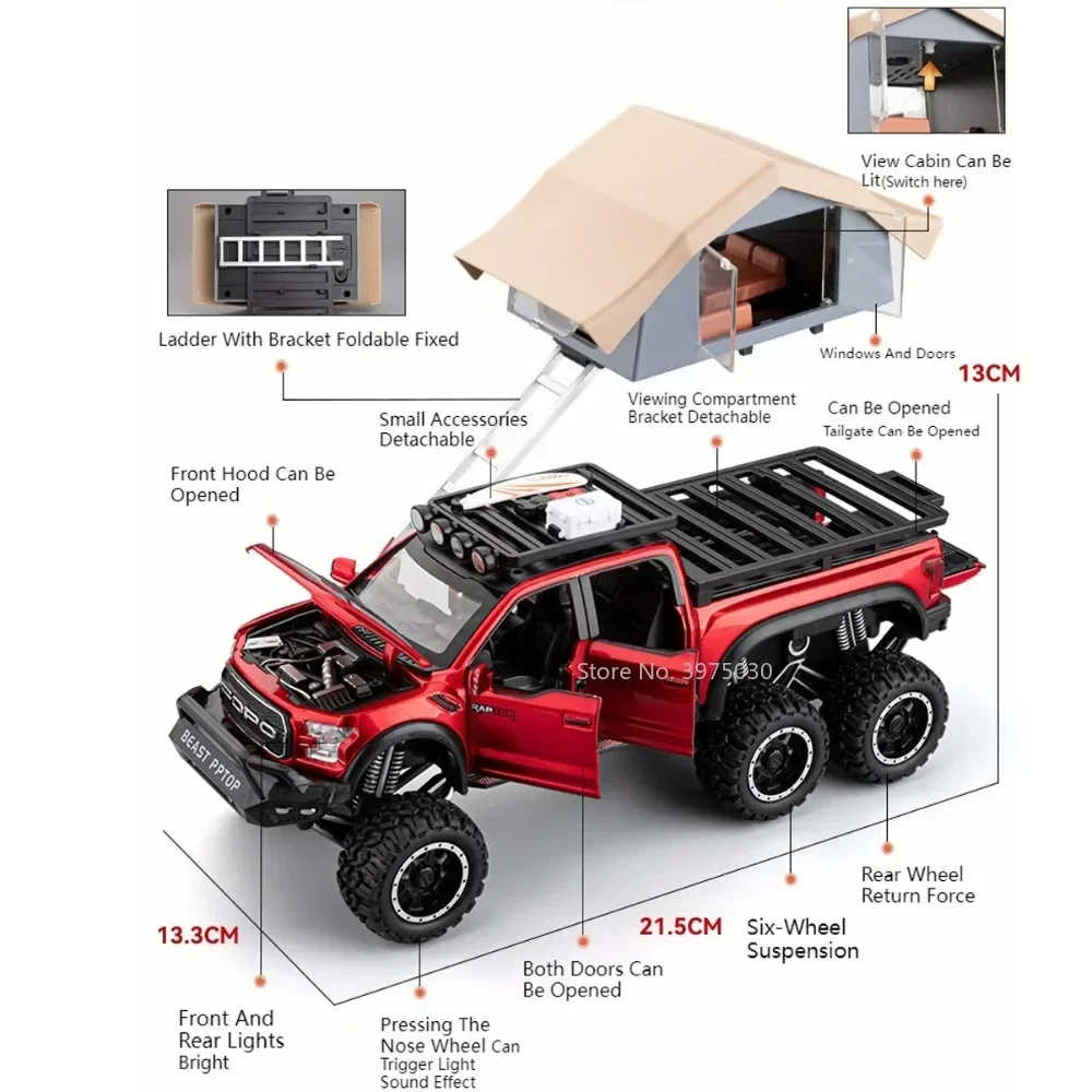 1:24 Raptor F150 Mammoth Tacoma Modele Samochodów Kempingowych Zabawki Otwierane Drzwi Miniaturowe Pojazdy Światło Muzyka Kamper Van Chłopcy Prezenty Świąteczne