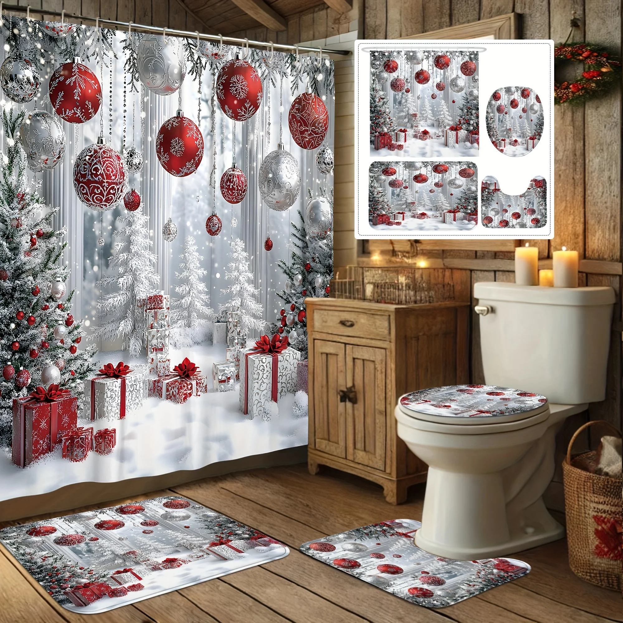 

4Pcs Xmas Winter Bath Set,Shiny Ball & Tree Design,Red Silver Curtain,Holiday Decor,12 Hooks, Non-Slip Mat,U-Shaped Toilet Cover