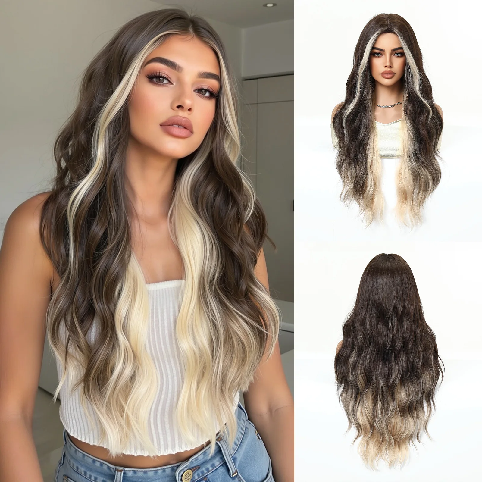 European Women Full Head Wig, Middle Part Ombre Brown Long Wavy Big Curls Hair Wig, Easy Styling