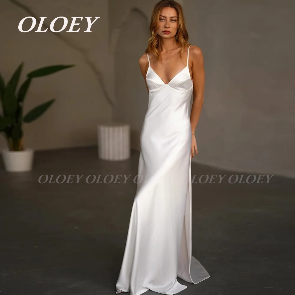 

OLOEY Sexy Mermaid Wedding Dress V-Neck Open Back Boho Bridal Gown Floor Length Spaf=ghetti Straps Customized Robe De Mariee