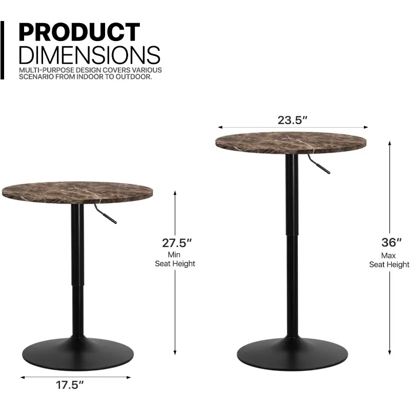 Круглый коктейльный барный стол с металлическим основанием, вращающийся высокий стол для бистро 23,5 дюйма с регулируемой высотой текстурой из коричневого мрамора