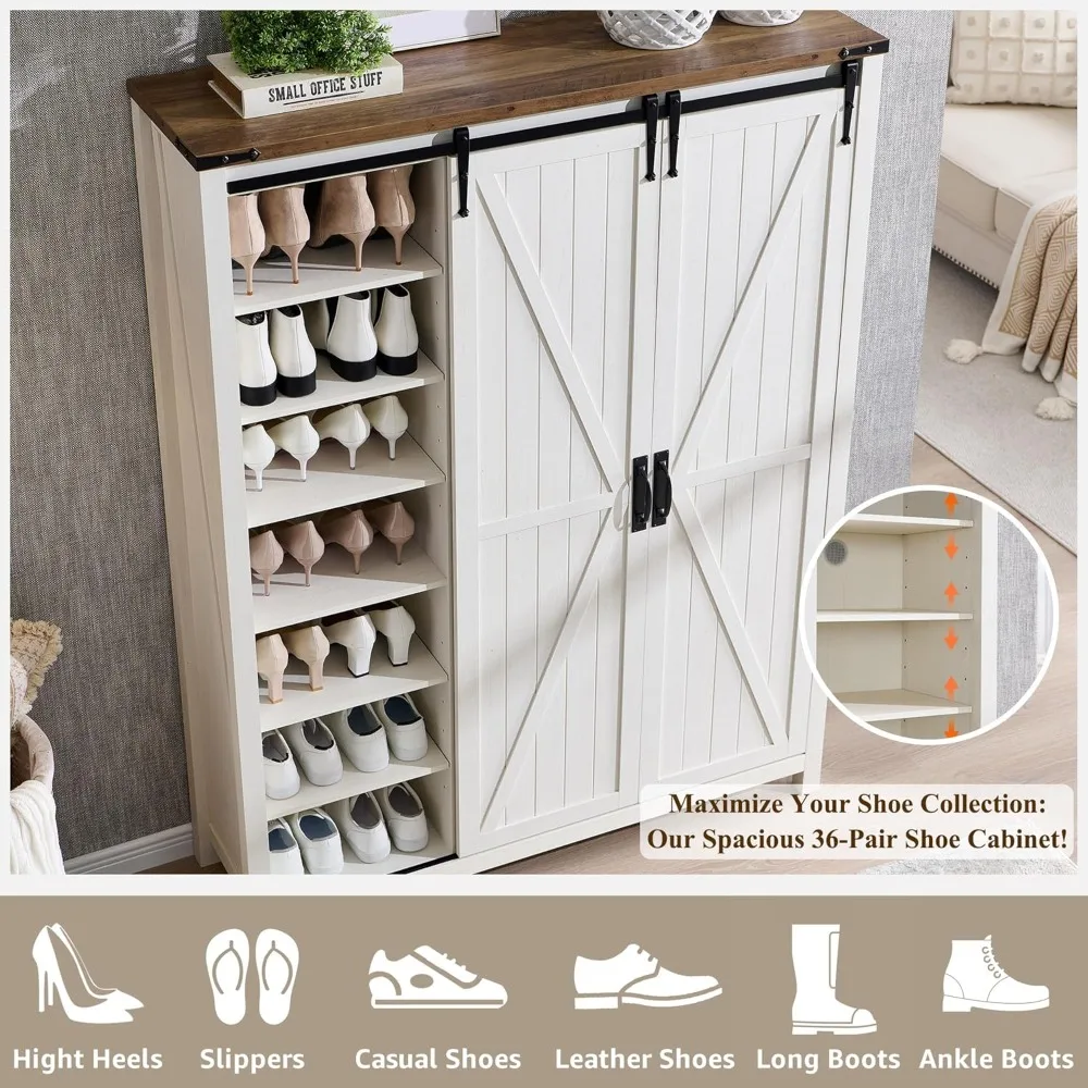 7-Tier 62" Tall Farmhouse Style Shoe Storage Cabinet with Sliding Doors and Rustic Hidden Rack for Entryway