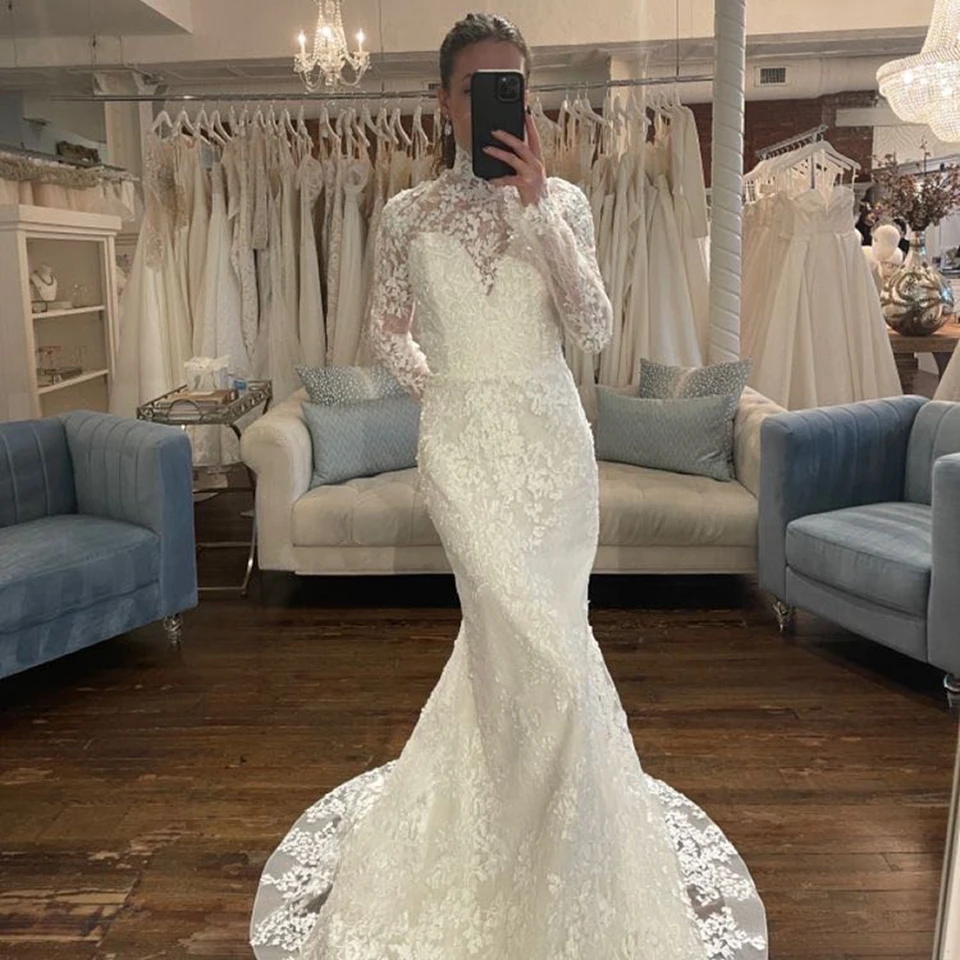 Customized Muslim High-Neck Appliques Long Sleeves White Wedding Dress 2024 Mermaid Floor Length Sweep Train  Zipper Bridal Gown