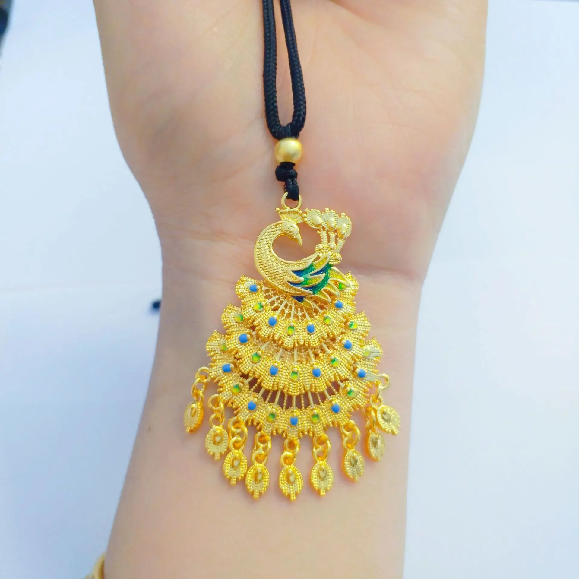 9999 real gold 24K yellow gold Enamel Peacock Pendant Women\'s Ethnic Style Ancient Dress Peacock Wedding