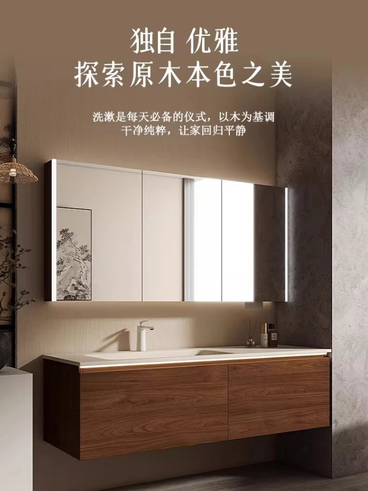 Walnut-colored rock slab hot bending integrated basin bathroom cabinet combined toilet washstand