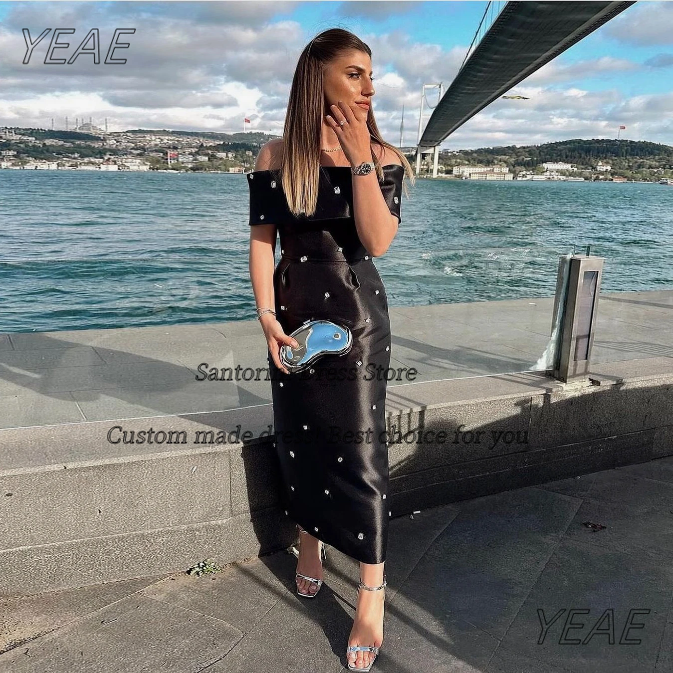 

Santorini Black Sheath Prom Dresses Bateau Neck Handmade Crystals Evening Party Saudi Arabia Women Vestidos Des Noches