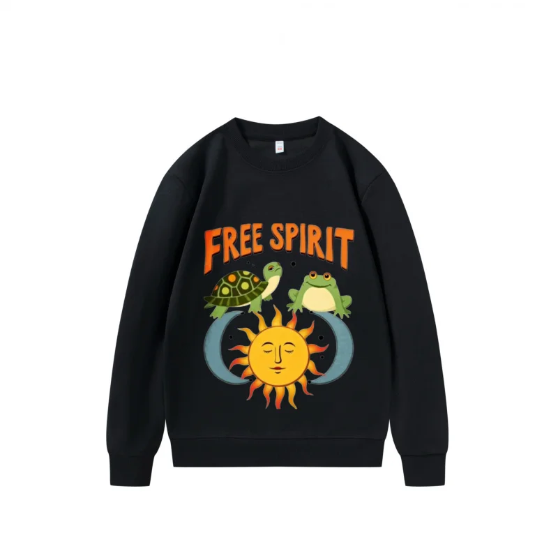Men's Sweatshirt Black Free Spirit Turtle Frog Sun Graphic Print for Casual Wear