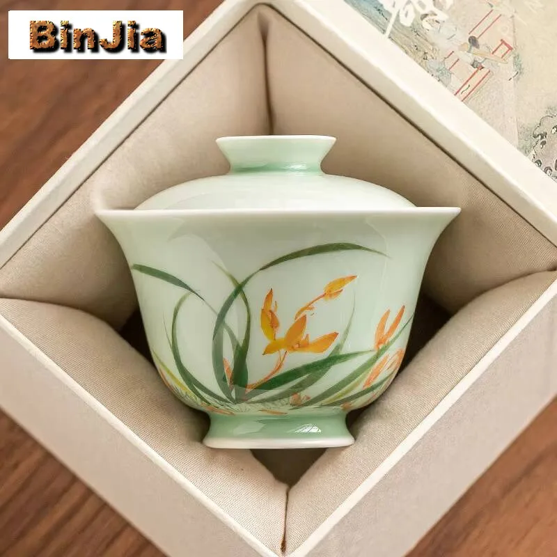 80Ml Hand-Painted Orchid Gaiwan Aesthetic Bluish Green Galze Tea Tureen Zen Maker Cover Bowl Cafes Accessories Ornaments