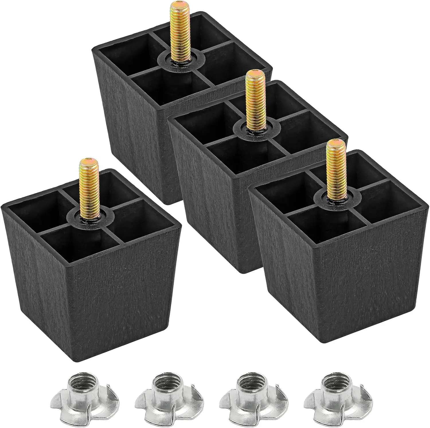 

M8-1.25 Metric Thread Bolts Plastic Furniture Legs 2 Inch Black Square Sofa Feet with T-Nuts - Couch Feet Replacement - Couch Le