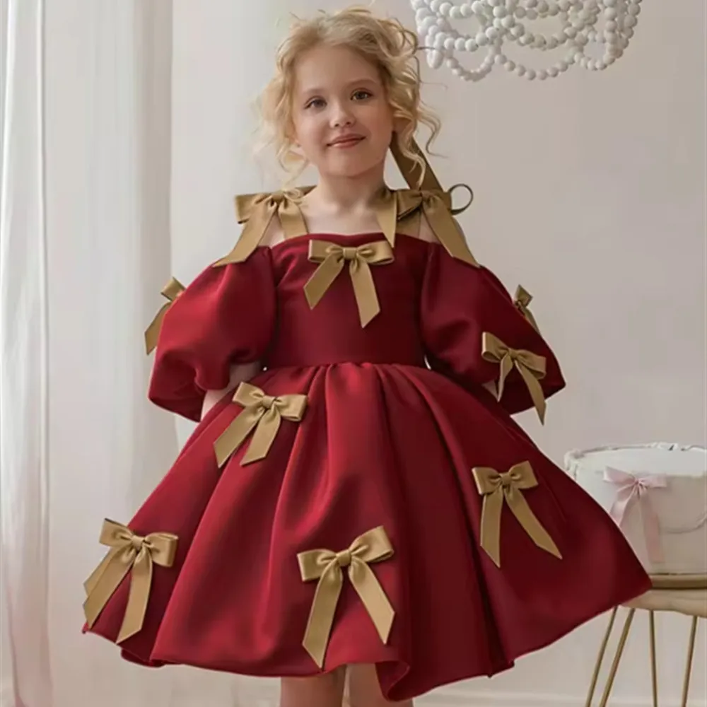 

Elegant Flower Girl Dress for Wedding Puff Sleeve with Bow Princess Party Gown for Birthday Kids Pageant Piano Recital Dress