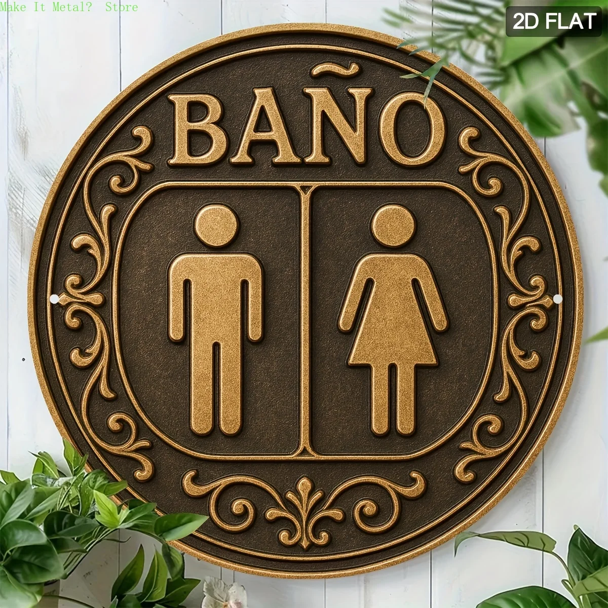 2D Flaches Vintage-Spanisches WC-Schild „BAÑO“ mit verziertem Rand, rundes Blechschild, Retro-Metallwandkunst für Restaurant, Café und öffentliche Einrichtungen