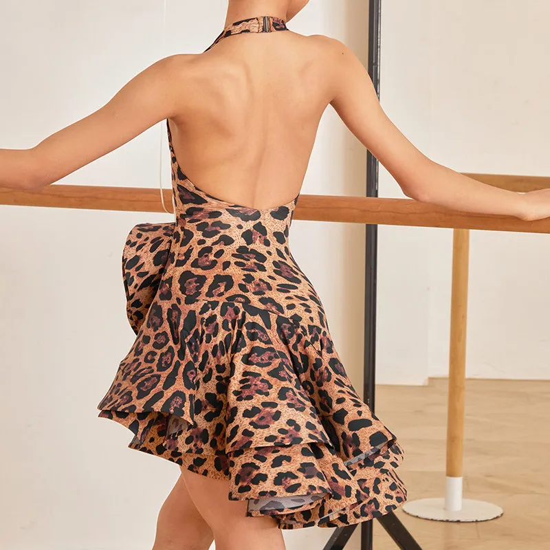 ZYM Children Latin Dance Dress For Girls Sexy Backless Leopard Dress Kids Chacha Rumba Latin Dance Competition Dress DQS12654