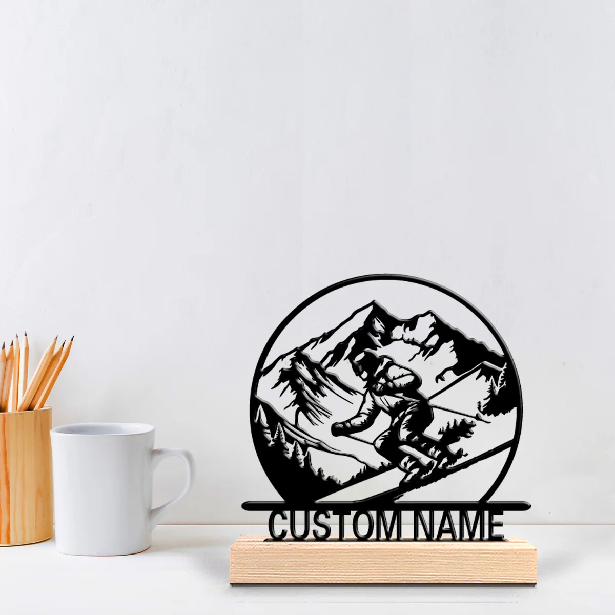 1pc Stylish Personalized Custom Skiing Metal Statues Wooden Base Lighting for Office, Workshop, Modern Rustic, Steampunk Themes
