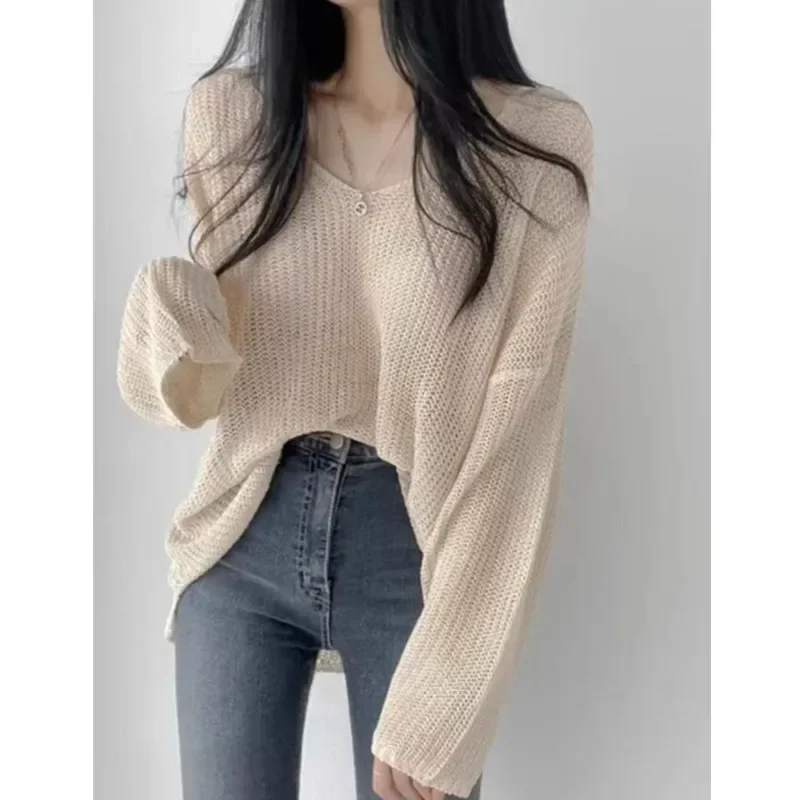 Fashion Knitted Mesh Pullover Women Summer Autumn thin v-neck Casual Ladies loose Hollowed Out Tops Female Sunscreen cover shirt