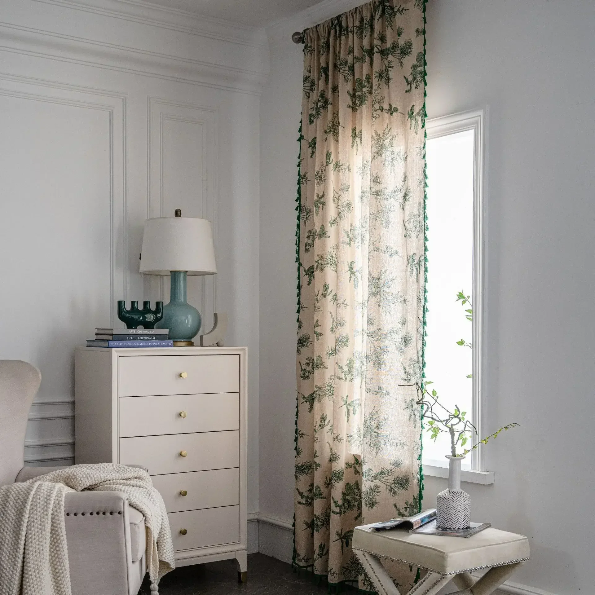 1 PC Living Room Curtains Cotton and Linen Printed Green Pine Cone B&B Curtains Semi-blackout Kitchen Curtains Bay Window