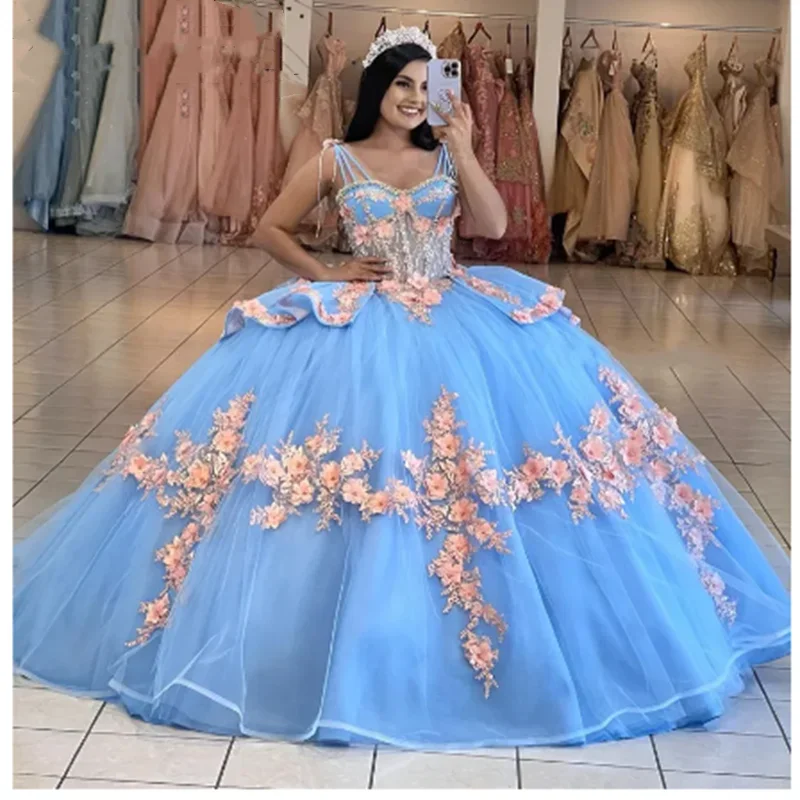 

ANGELSBRIDEP 3D Pink Flowers Lace Blue Quinceanera Dresses Formal Birthday Party Ball Gown Straps Vestidos De 15 Anos Custom