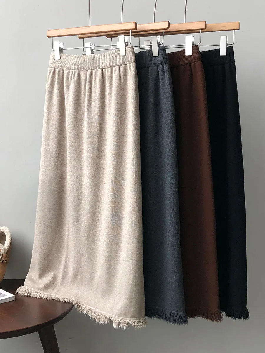 Thick Warm Knitted Long Maxi Skirt Women 2024 Fall Winter Casual Solid A Line High Waist Stretch Skirts Female Ladies C-294