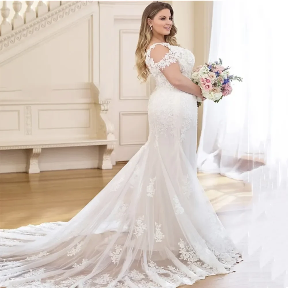 

Bohemian Long Mermaid Wedding Dresses Lace Appliques Plus Size Ivory Corset Bridal Gowns Boho Beach Tulle Summer