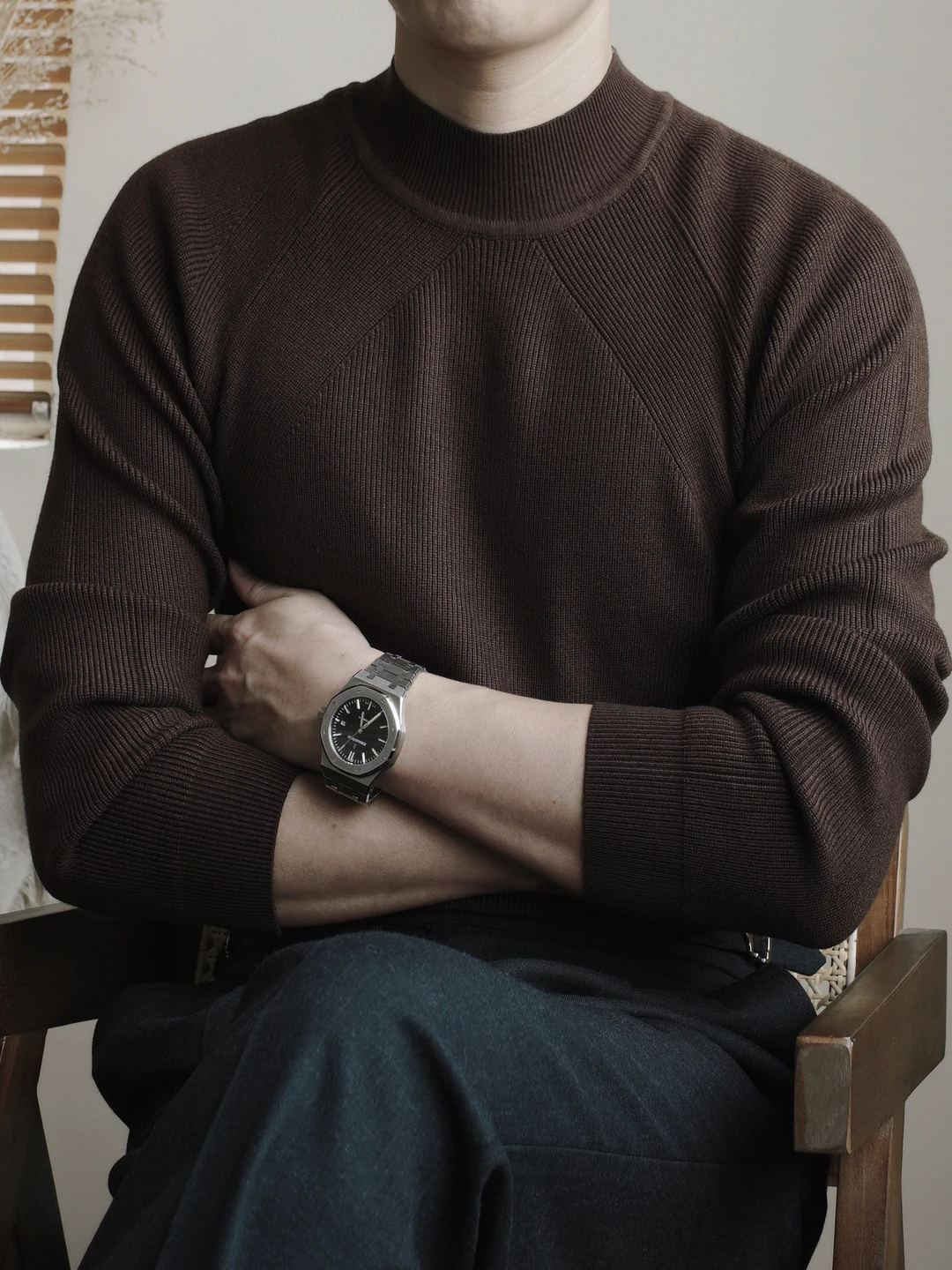 

Retro American Knitwear High Collar Long Sve Men's Sweater Warm Pull over Slim Fit Coffee Color Casual Sle Knitted irt