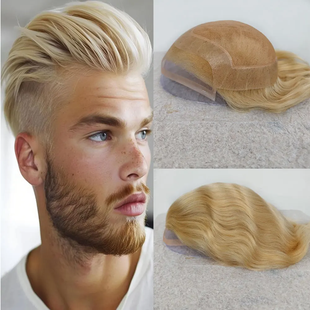 

Blonde Durable Hair System for Men French Lace Front Fine Mono and Skin PU Around Mens Toupee Human Hair Pieces Natural Hairlin