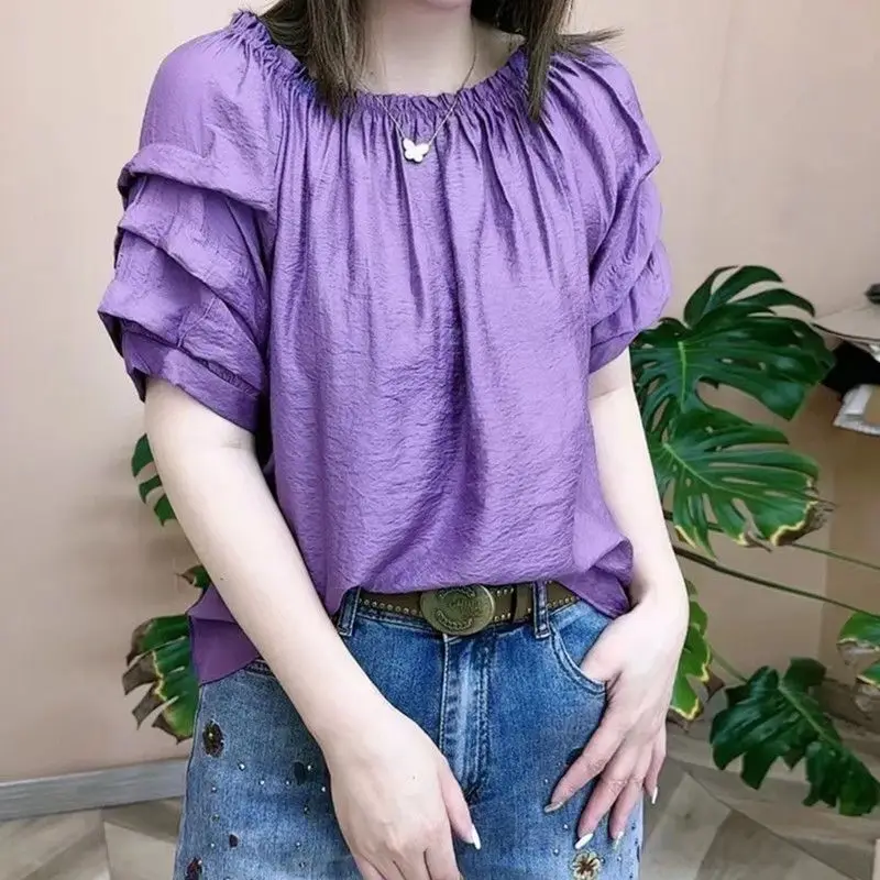 Blusa de manga abullonada para mujer, camisa informal holgada con cuello redondo y pliegues de Color liso para verano, 2024