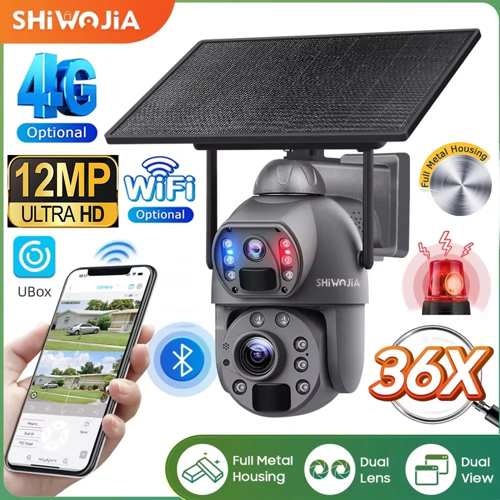 SHIWOJIA Kamera solarna 4G SIM z 36-krotnym zoomem, 12MP, zewnętrzna, 360 stopni °   Bezprzewodowe kamery bezpieczeństwa WIFI zasilane bateriami, z panelem solarnym i noktowizorem PIR