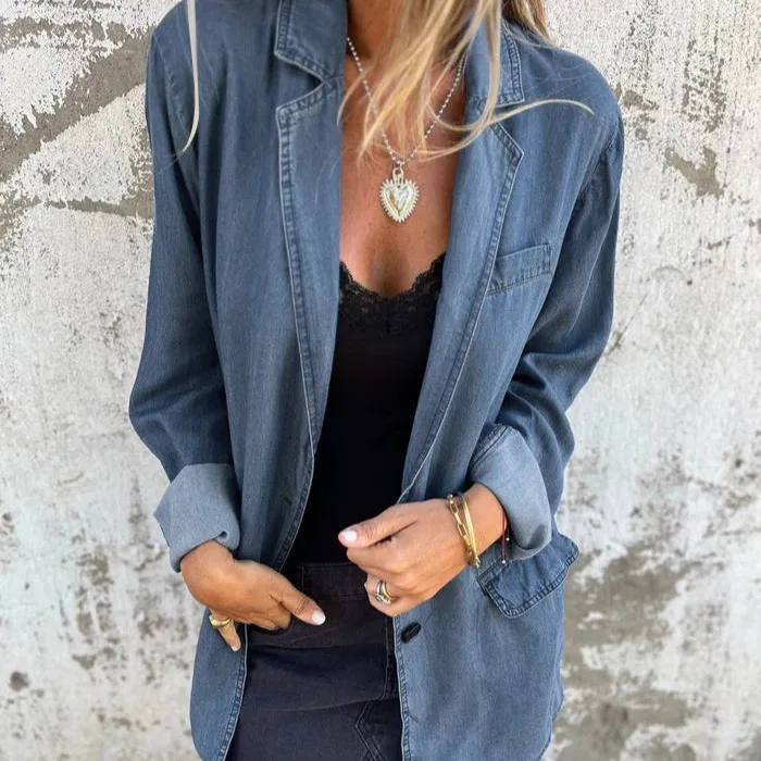 

Spring Autumn New Fashion Suit Collar Women Denim Jacket Casual Loose Female Solid Color Long Sleeved Coat