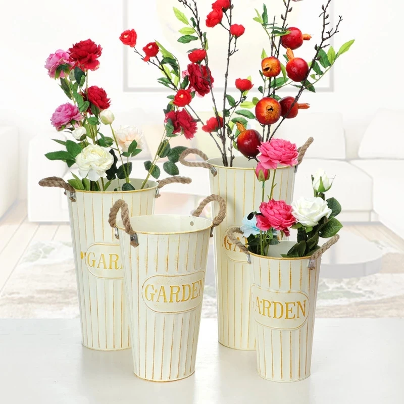 

2pcs Creative New Large Flower Arrangement Flower Pot Tinplate Iron Bucket Pastoral Home Flower Arrangement Vase Flower Bucket