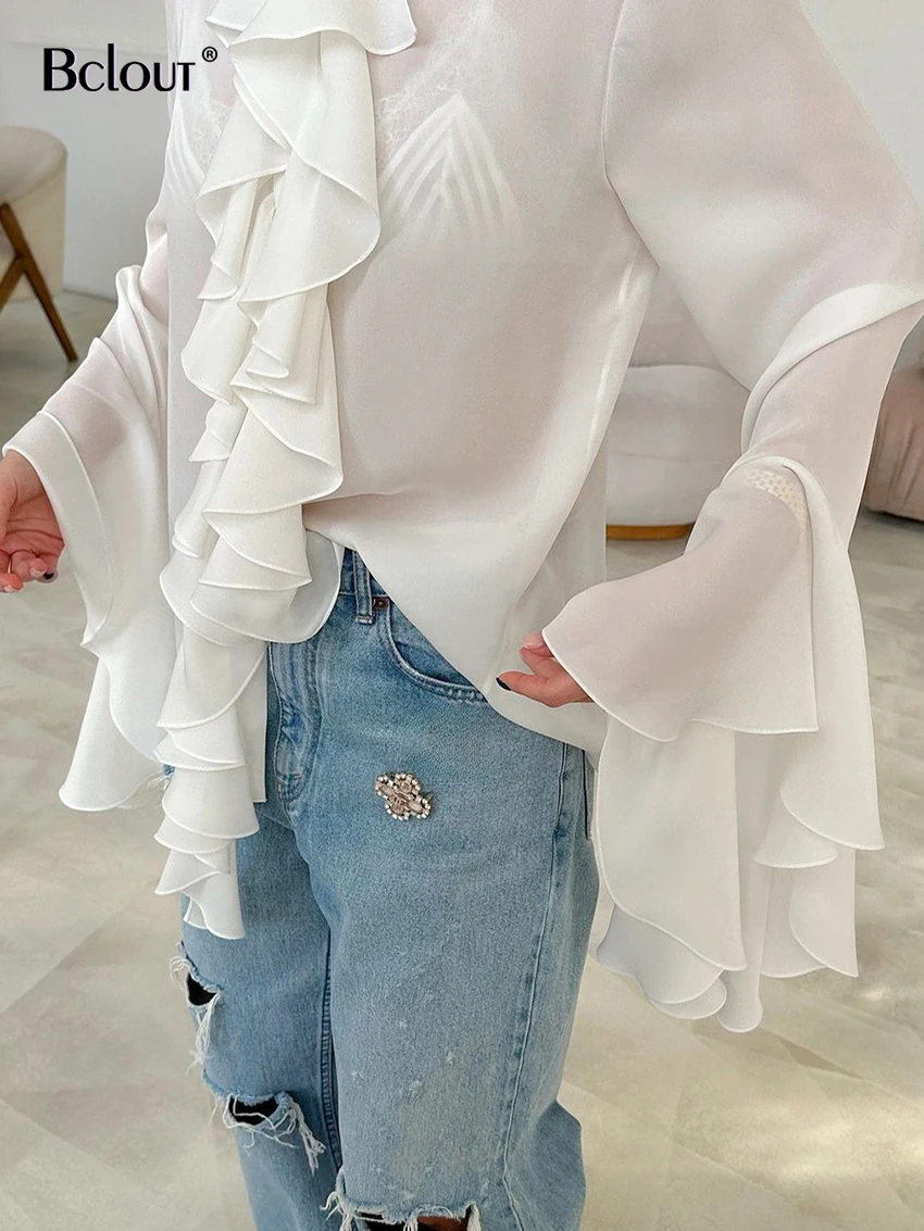 Bclout Fashion Chiffon White Shirts Blouses Women Chic Elegant Loose Ruffled Flare Sleeve Tops Casual O-Neck Sexy Shirts Female