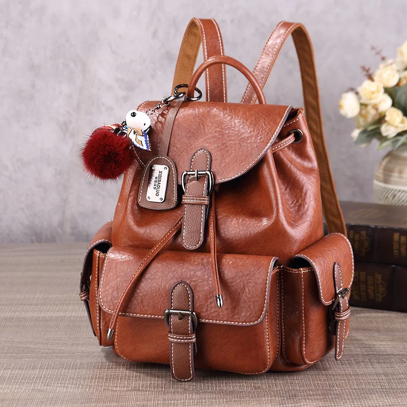 Retro Women Backpacks Anti Theft Leather Girl's School Bag Drawstring LadiesTravel Bags