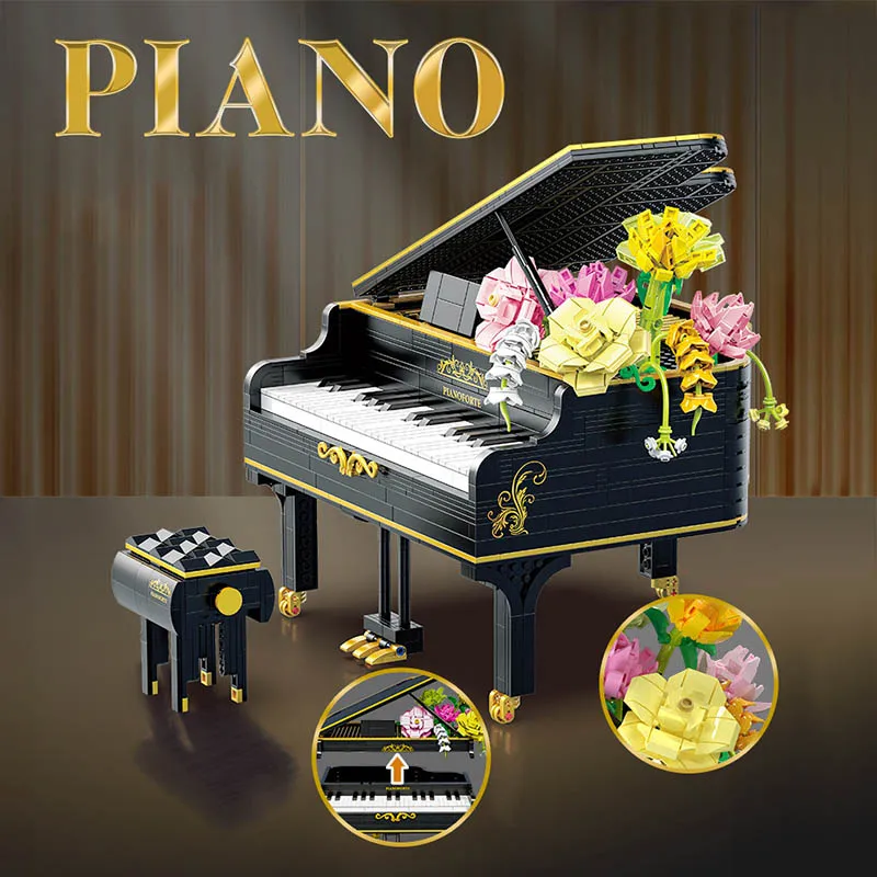 Creative Black Piano Pink Rose Bouquet Model Building Blocks Musical Instrument Construction Bricks Set Toys Children Adult Gift