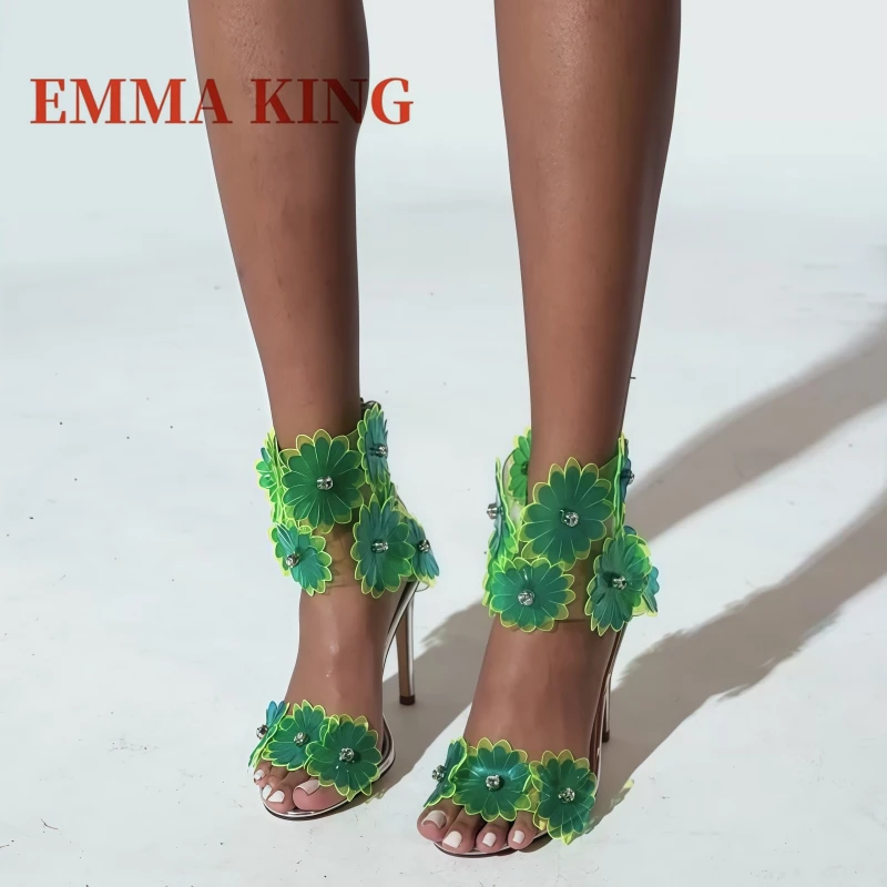 

2025 Green Florals Decor Stiletto Sandal Open Toe High Heel Dress Women Shoes Elegant Casual Party Dinner Sandals Large Size 44