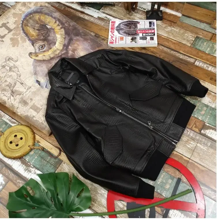 YR!Free shipping.Classic bomber black genuine leather jacket.soft Alligator pattern sheepskin coat.father casual cloth