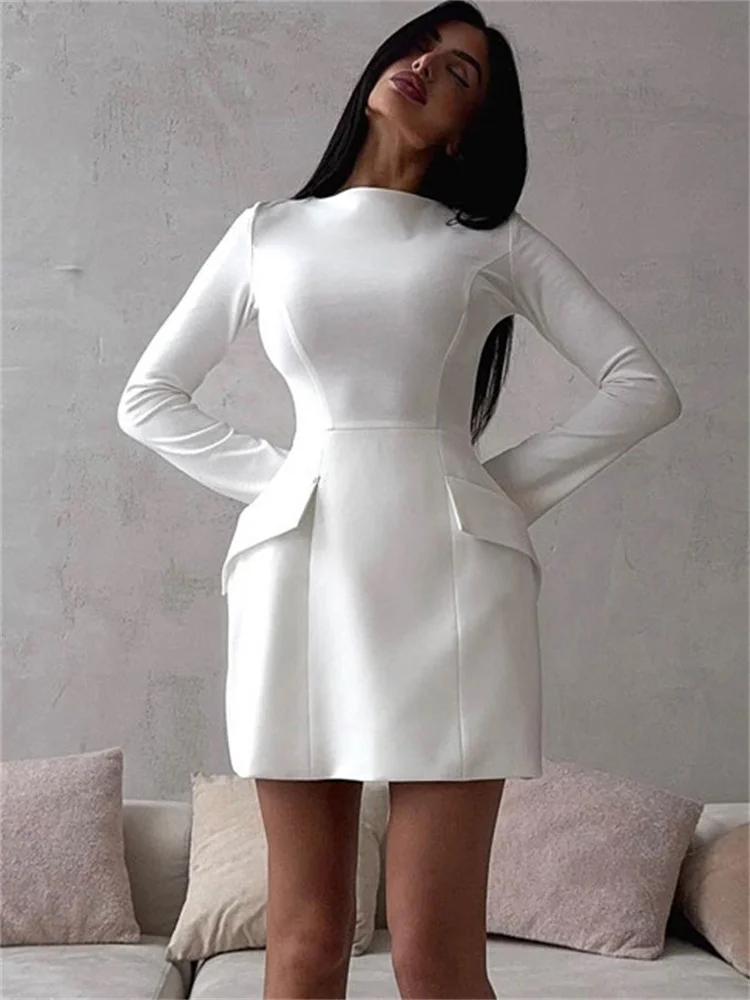 

Tossy Female Elegant White Dress Sexy Patchwork Long Sleeve Commute Casual Clothes Dress For Women Zipper Autumn Mini Dress New