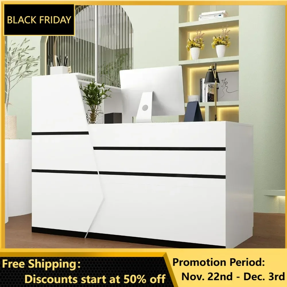 L-Shaped Reception Desk, Counter Desk for Retail & Checkout, Modern Front Counter Table, Black Tapes, for Office Lobby, Desks