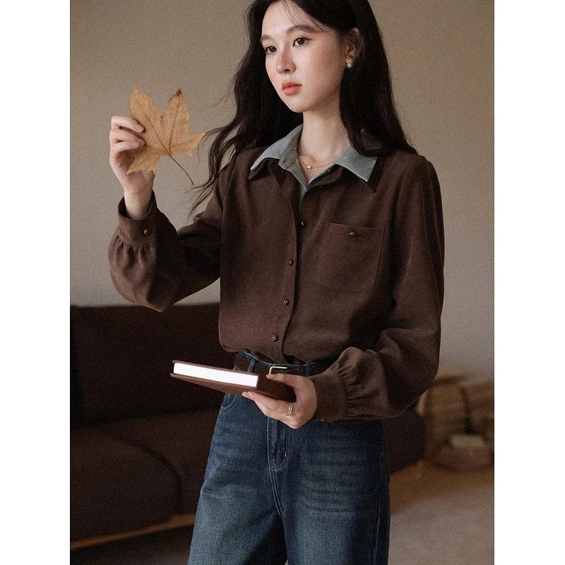 ALXNAN المرأة خمر قميص الخريف وهمية قطعتين اللون حجب أزرار معدنية بلوزة الأدب فريد لطيف القمم الإناث L58027