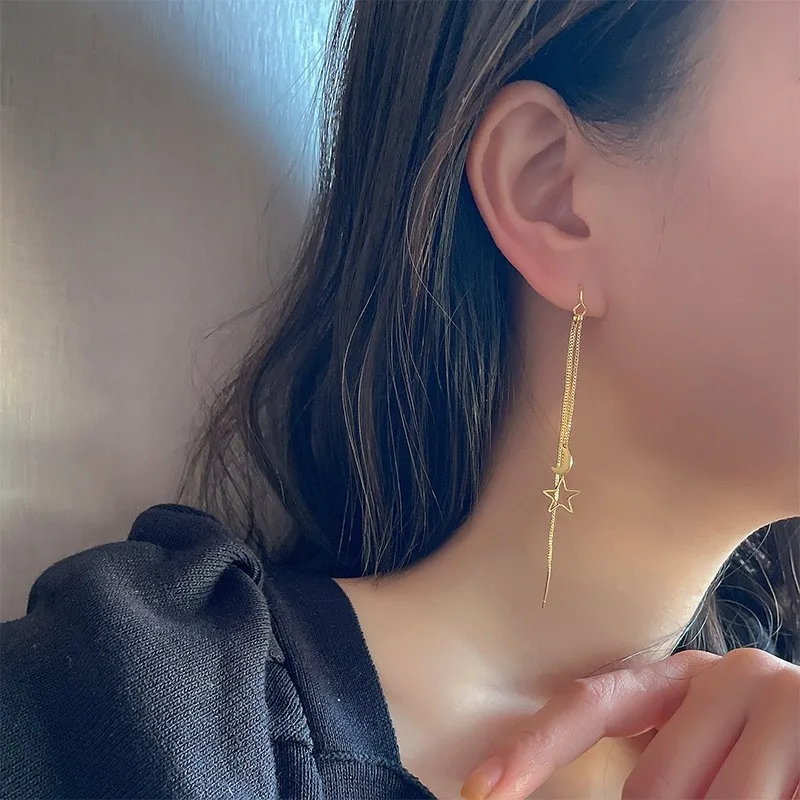 925 Sterling Silver Star And Moon Tassel Earrings for Women Simple Long Cut-Out Design Fashion Jewelry Accessory