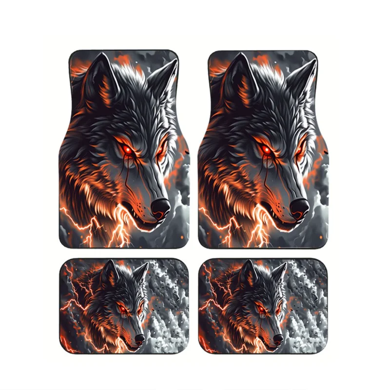 

4Pcs Lightning Wolf Head Car Floor Mats Fiery Gothic Print Anti-Slip Durable Carpet Auto Interior Accessories For Sedan SUV