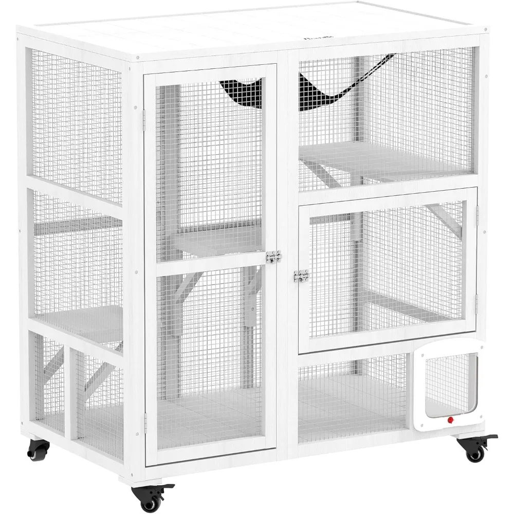 

Indoor Wooden Catio, Cat House Cat Enclosure on Wheels with 3 Platforms, Hammock, Cat Flap Door & Openable Top, Luxury Kitty Ho