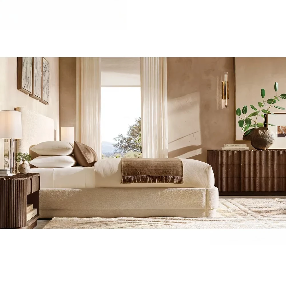 Modern Open Nightstand, Natural Oak with Gold Emperador Marble Top, Solid American White Oak Reeded Design