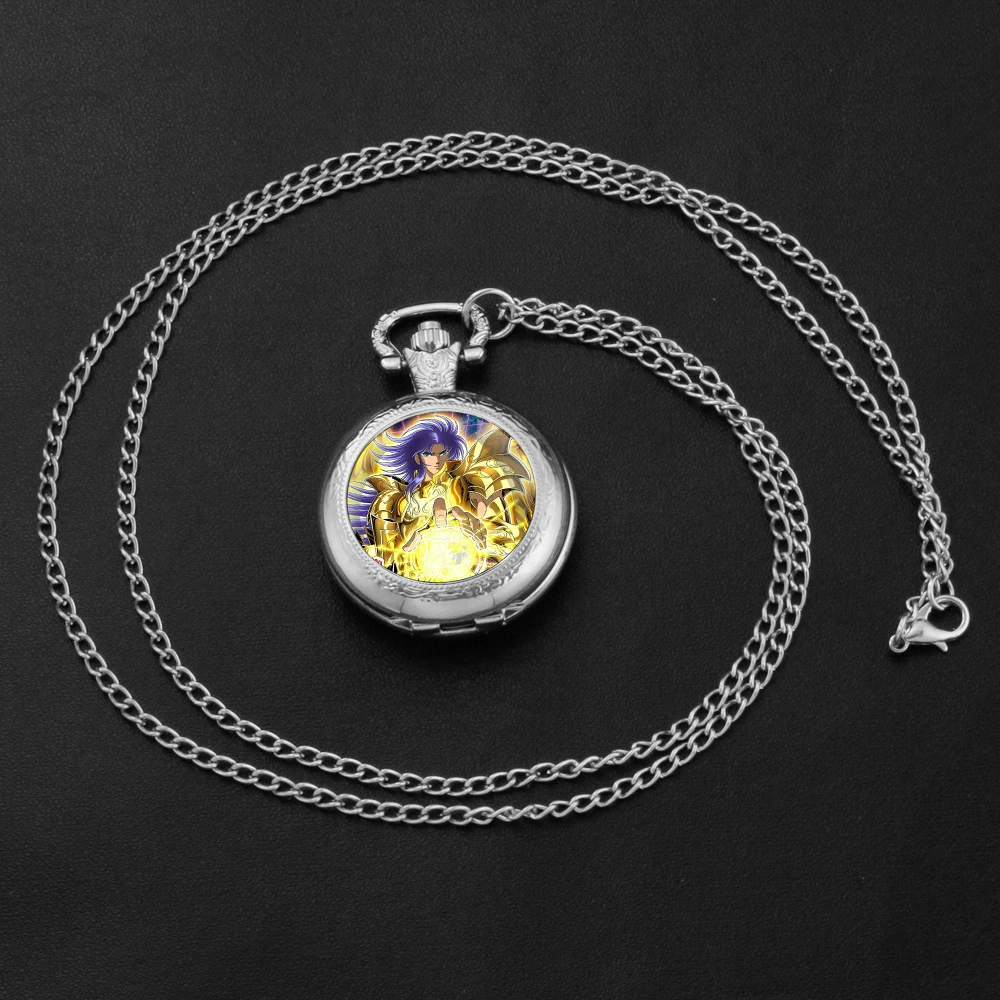 Saint Seiya Design Glass Dome Arabic Numerals Quartz Pocket Watch Necklace Pendant Clock Chain Mens Women Kids Gifts