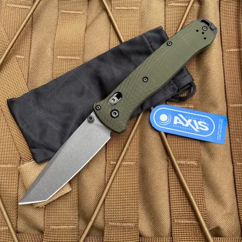 BM 537 Axis Lock Folder Textured Green Gray Cerakote Tanto Plain Edge Blade Outdoor Foldable Pocket Knife